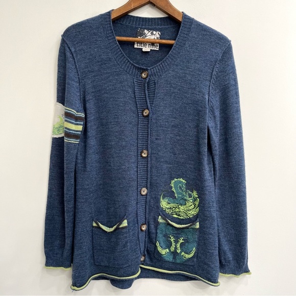 Vintage Y2K Title Nine 100% Washable Wool Cardigan Sweater Blue Horse Print L - Picture 1 of 9